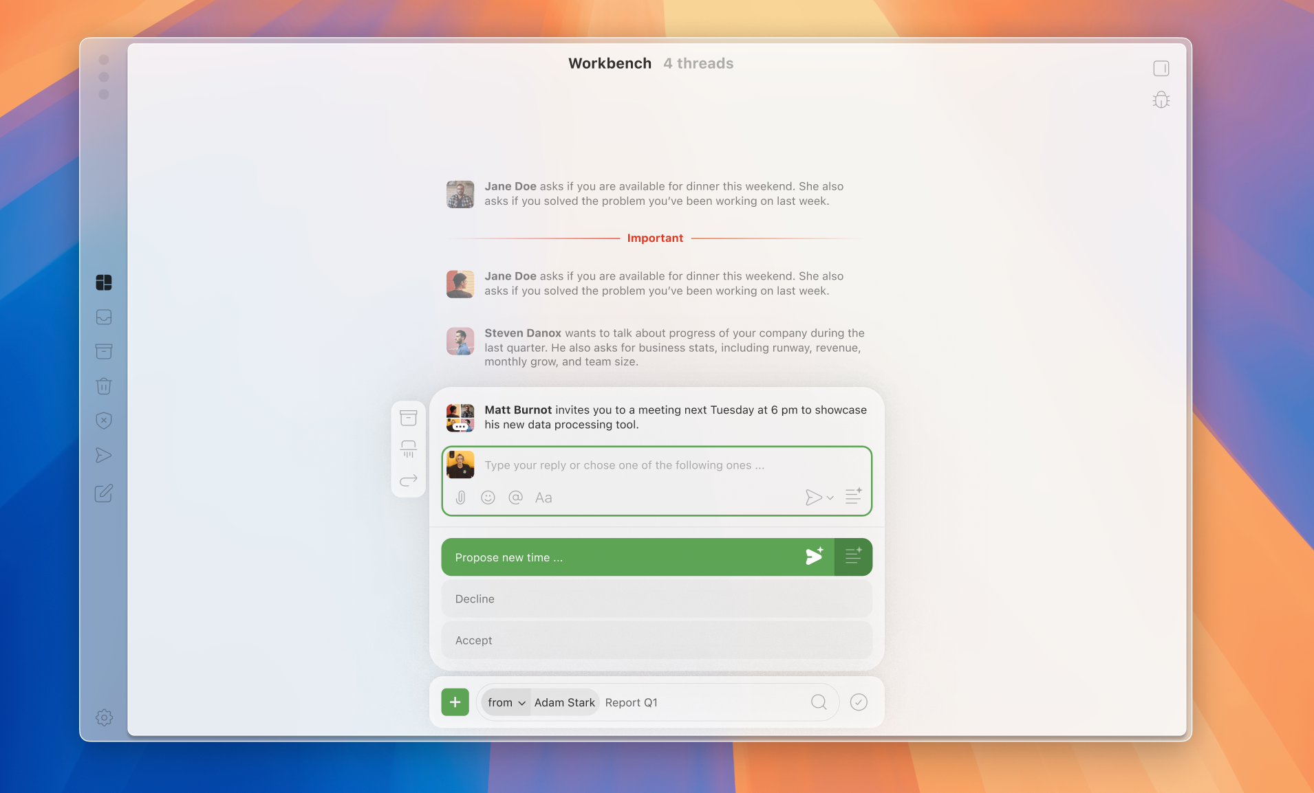 blinkfeed.ai — Workbench with thread summaries, an inline reply and suggested actions