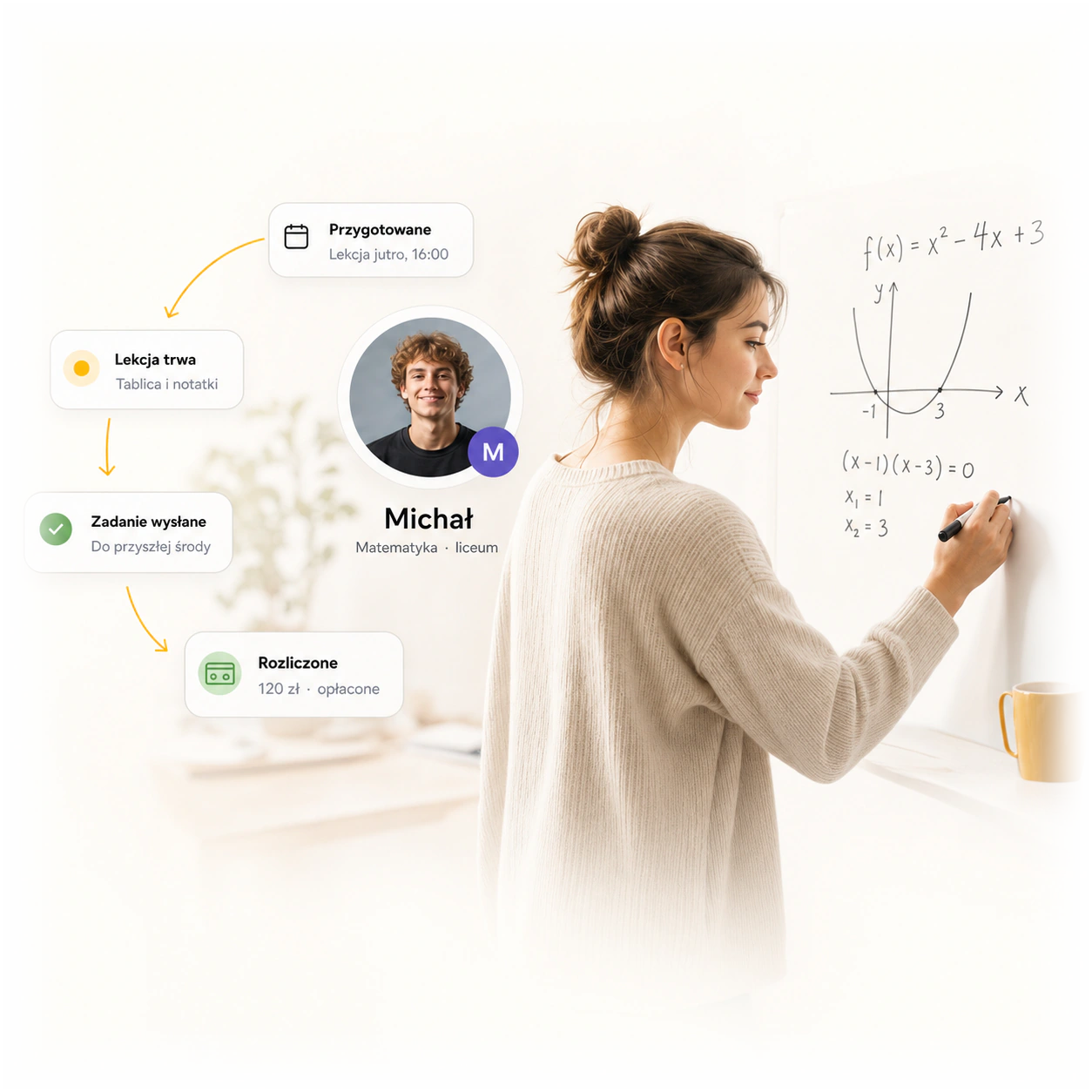 pewniutko.pl — a tutor at the whiteboard, with lesson preparation, homework and settlement steps